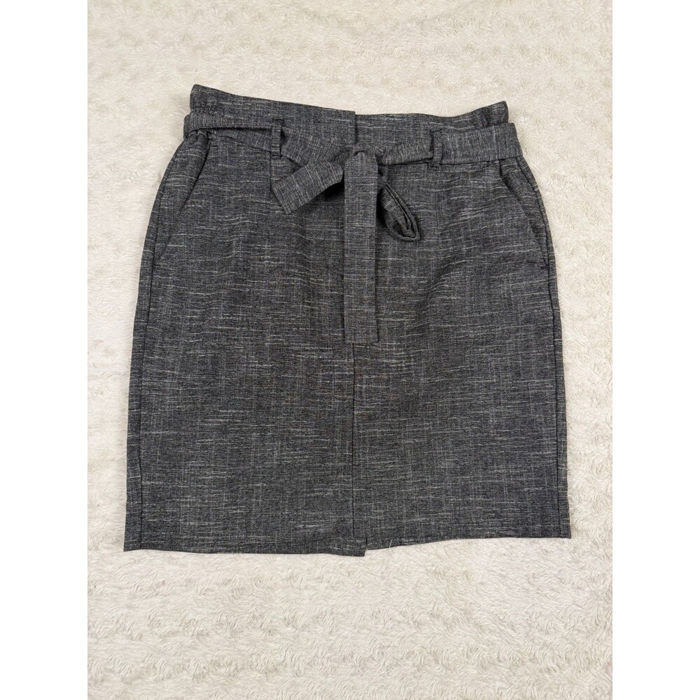 LOFT Petite Women's Gray Tweed High Rise Pencil Skirt Tie Button Pockets Size 6P